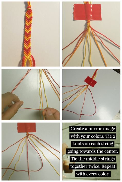 Starting on the left with red on the outside, tie 2 knots on the dark orange in the shape of a 4. Do the same with the orange and yellow strings. Then, starting from the right, tie 2 knots on each string in the shape of a backwards 4. When both of the red strings are in the middle, tie 2 backwards knots to tie them together. Repeat with every color. Backwards Knot, Glamping Party, Diy Friendship Bracelets Tutorial, Bracelets Tutorial, Friendship Bracelets Patterns, Future Bedroom, Diy Friendship Bracelets, Friendship Bracelets Tutorial, String Bracelets