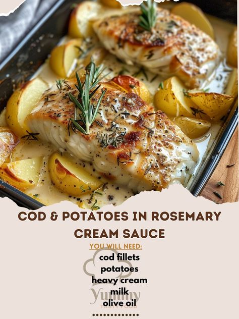 🌿🐟 Try Cod & Potatoes in Rosemary Cream Sauce! Creamy, savory, and oh-so-satisfying. #CodAndPotatoes #CreamyGoodness Cod & Potatoes in Rosemary Cream Sauce Recipe 🌟 Ingredients: 500g cod fillets 400g potatoes, thinly sliced 200ml heavy cream 100ml milk 30ml olive oil 2 garlic cloves, minced 10g fresh rosemary, chopped 5g paprika Salt and pepper to taste Instructions: Prepare the base: Preheat oven to 180°C (350°F). In a greased baking dish, layer sliced potatoes. Drizzle with olive oil an... Baked Cod Fillet Recipes Ovens, Cod Potatoes, Rosemary Cream Sauce, Cod And Potatoes, Baked Cod Fillets, Cod Fillets, Cream Sauce Recipe, Rice Side Dish Recipes, Cream Sauce Recipes