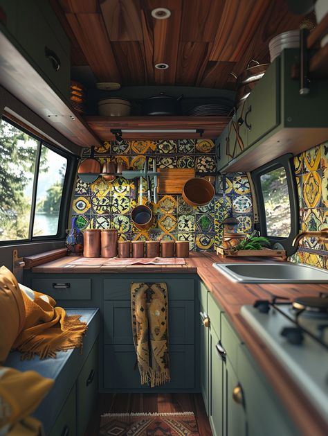 Revolutionizing Travel: The 31 Game-Changing Camper Van Kitchens Redefining Roadtrips – TastyInteriors Green Camper Interior, Witchy Camper, Van Kitchens, Camper Van Kitchen, Hippie Camper, Boho Camper, Wooden Dining Table Rustic, Beach Van, Caravan Living