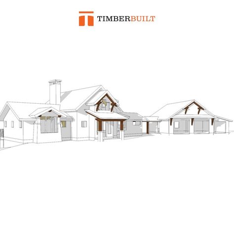 This is a digital rendering of a two-story timber frame house. This picture shows the rear of the house with a small covered entryway, the exterior of the master bedroom and on the opposite side a covered breezeway connecting the house to the garage. The roof has a large chimney on the western side. Pagosa Springs Colorado, Timber Frame Design, Diy Couple, Timber Frame House, Timber Frame Home, Pagosa Springs, Walkout Basement, Timber Frame Homes, Two Car Garage