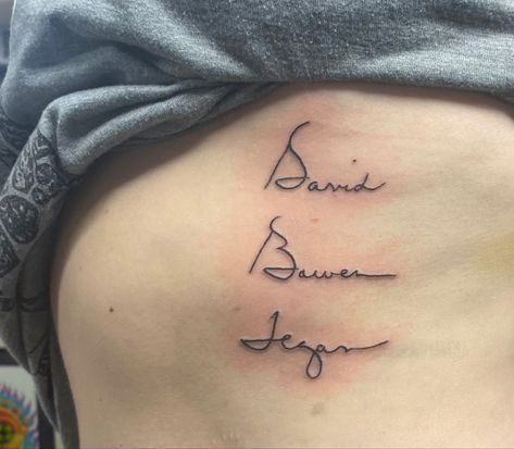 Kids names my mom’s handwriting on ribs Kid Name Tattoo, Tattoos With Kids Names, Name Tattoo, Tattoos For Kids, Rib Tattoo, Handwriting, Kid Names, Tatting, Tattoos