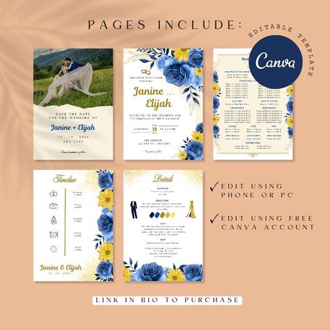 Captivate your guests with the regal elegance of our royal blue, yellow, and gold wedding invitation template. Add a touch of sophistication to your special day with this stunning design. #wedding #weddinginspiration #weddingideas #weddinginvitations #invitation #invitationtemplate #invitationdesign #layout #royalblue #gold #yellow Gold Wedding Invitation, Regal Elegance, Royal Blue And Gold, Gold Wedding Invitations, Design Wedding, Wedding Invitation Templates, Gold Yellow, Gold Wedding, Invitation Design