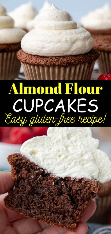 Avoid common almond flour baking issues with this easy and well-tested recipe! These almond flour cupcakes use a simple trick to achieve light, fluffy results with perfectly rich chocolate flavor. What's the secret for achieving the best texture? Whipping the egg whites separately aerates the crumb to offset grain-free flour's heavier consistency. Top this naturally gluten-free dessert with a mound of almond frosting and you'll be in cupcake heaven! Almond Flour Cupcake Recipes, Almond Flour Cupcakes, Gaps Desserts, Mamagourmand Recipes, Egg Free Cupcakes, Almond Flour Baking, Gluten Free Cupcake Recipe, Almond Flour Recipes Cookies, Almond Frosting