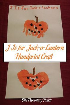 J is for Jack-o-lantern! Make a letter J Jack-o-lantern craft with handprints and fingerprints using nontoxic paint. Letter H Crafts For Preschoolers Halloween, October Preschool Themes, Handprint Alphabet, Letter J Crafts, Handprint And Footprint Crafts, Young Toddler Activities, Make A Letter, J Craft, Green Frogs