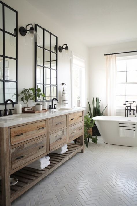 12 Modern Farmhouse Bathrooms to Inspire Your Next Renovation - My Decor Inspo Modern Cottage Master Bath, Simple Modern Farmhouse Bathroom, Bold Modern Farmhouse, Modern Farmhouse Master Bath Tile, California Bathroom Style, Farmhouse Tile Bathroom, Modern Farmhouse Shower Ideas, Master Bathrooms 2024 Trends Farmhouse, White And Black House Interior Design