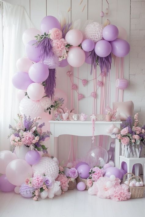 Lilac Baby Shower Ideas Decoration, Pink And Lavender Baby Shower Ideas, Balloons Without Helium, Decorating With Balloons, Lilac Baby Shower, Lavender Birthday, Blush And Bashful, Lavender Baby Showers, Pink Party Theme