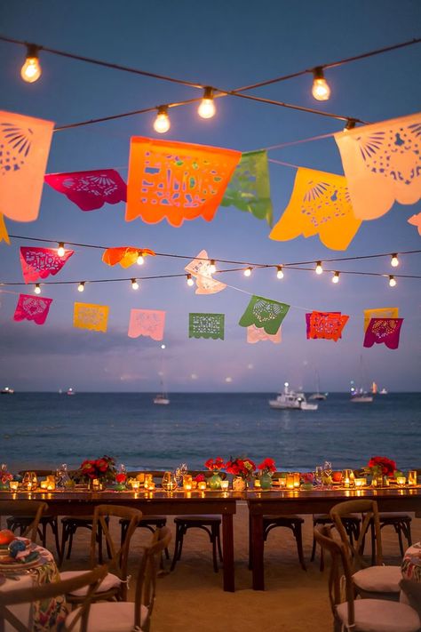 Beach Fiesta Party, Mexico Wedding Welcome Party, Vibrant Mexican Wedding, Mexican Event Decor, Indian Mexico Wedding, Colorful Mexican Wedding Decor, Colorful Mexico Wedding, Mexican Culture Wedding, Indian Wedding Mexico