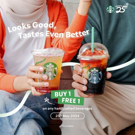 Starbucks Buy 1 FREE 1 Promotion on 25 May 2024 – Enjoy Delicious Handcrafted Beverages! Coffee Promotion Design, Buy 1 Get 1 Free Design Poster, Starbucks Promotion, Beverage Photography Ideas, Promo Product, Coffee Display, Buy 1 Free 1, Starbucks Store, Food Promotion