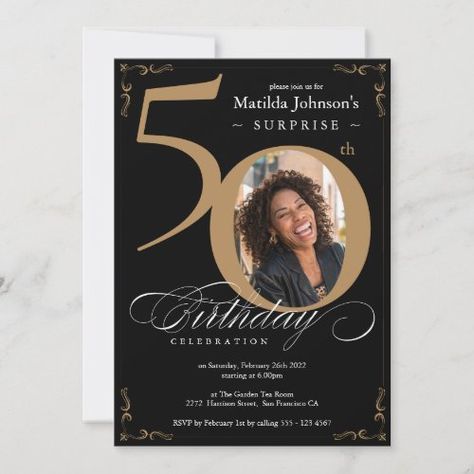 $2.92 | Surprise 50th Birthday Elegant Black Gold Photo #surprise, 50th birthday, elegant, black, gold, calligraphy, photo, simple, vintage flourish, typography Birthday Calligraphy, Birthday Elegant, Surprise 50th, 92nd Birthday, 50th Birthday Invitation, Gold Save The Dates, Surprise Birthday Invitations, Blue Invitation, 50th Birthday Invitations