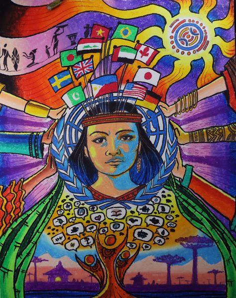 Indigenous Poster Design, Poster About Language, Flag Making Ideas, United Nations Poster Making, Language Poster Design, Poster Oil Pastel, Illustration Board Design, Digital Poster Ideas, United Nations Poster