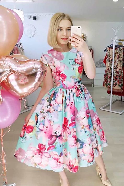 Beautiful Bright Colored Floral Dress #bluedress #summerdress★ Need some floral dresses ideas for inspiration? This summer, sport long, short, midi, and maxi dresses with floral patterns. ★ See more: http://glaminati.com/charming-floral-dresses-designs/ #floraldresses #floraldressesdesigns #summerdress #glaminati #lifestyle Frock Designs For Women Party, Floral Dress Outfit Ideas, Frock Designs For Women, Frocks For Women, Bright Floral Dress, Floral Dress Outfits, Floral Dress Design, Summer Sport, Easter Dresses