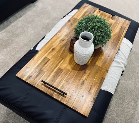 Diy Ottoman Tray Ideas, Diy Ottoman Tray Wood, Serving Tray On Ottoman, Ottoman Tray Diy, Trays On Ottomans Ideas, Diy Ottoman Tray, Ottoman Tray Ideas, Tray On Ottoman, Extra Large Ottoman