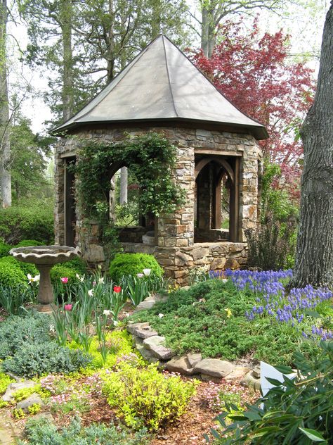 Charlottesville Garden. Stone follies. Secret Garden Gazebo, Stone Gazebo Ideas, Whimsical Gazebo, Stone Gazebo, Medieval Garden, Garden Follies, Vintage Decorating Ideas, Garden Folly, Garden Well