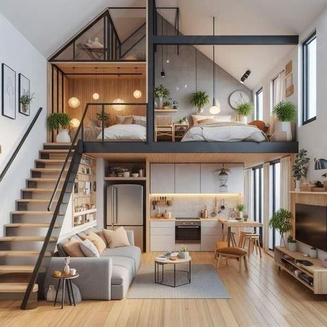 This cozy loft apartment has an open and efficient layout. The upstairs sleeping area, kitchen, and ample storage create a functional living space with natural wood tones and modern touches. Loft Style Living, Loft House Design, Tiny House Interior Design, Tiny House Loft, Best Tiny House, Tiny House Inspiration, Small Loft, Small Apartment Design, Loft Interiors