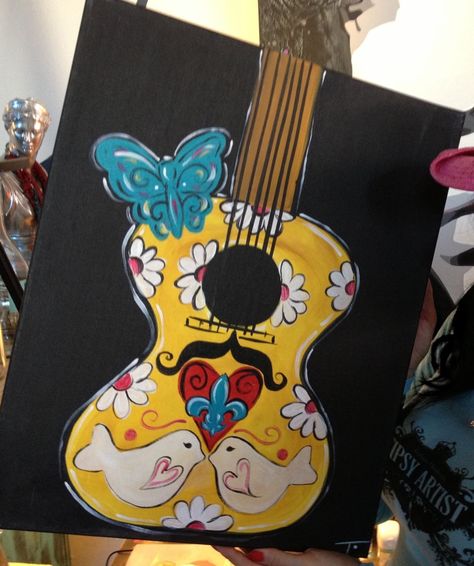 Tipsy Artist Cute Guitar, Wine And Paint Night, Mask Painting, Dance Paintings, Music Painting, Painting Canvases, Summer Painting, Guitar Art, Sugar Skulls