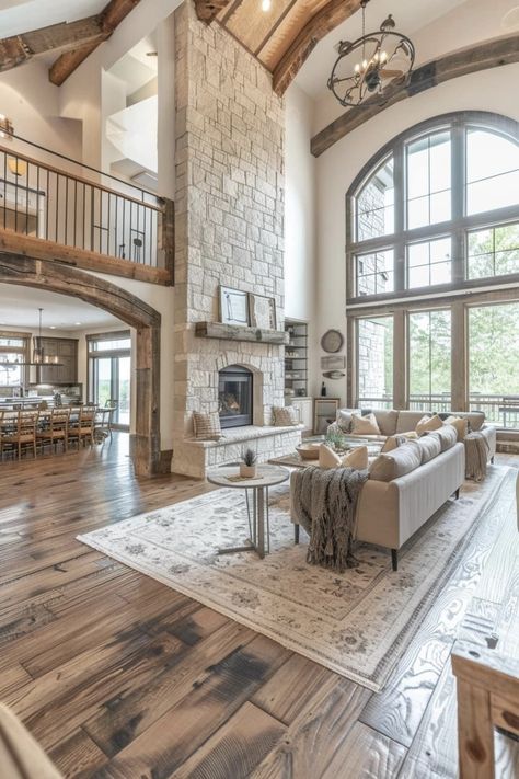 Comfy Open Living Room, Massive Master Suite, Farmhouse With Character, Home With High Ceilings, 16 Foot Ceilings Living Rooms, 16 Ft Ceiling Living Rooms, Modern Farmhouse House Interior, Farmhouse Vaulted Ceiling Living Room, Country House Aesthetic Interior