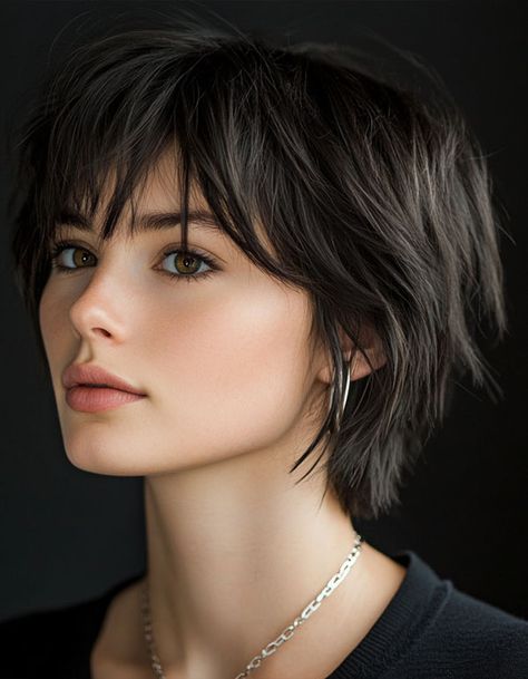 Edgy Layered Bob with Wispy Bangs, Cute Short Hairstyle, short haircut Bob With Wispy Bangs, Deep Brunette, Cute Short Hairstyles, Classic Bob Haircut, Edgy Short Haircuts, Textured Haircut, French Bob, Layered Bob Haircuts, Layered Cut