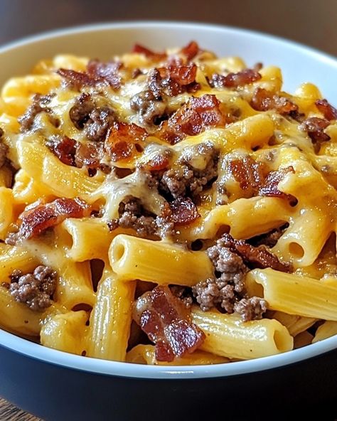 🍝🥓🧀 Loaded Bacon Cheeseburger Pasta 🍝🥓🧀 Ingredients: - 1 lb ground beef - 6 strips bacon, cooked and crumbled - 1 cup shredded cheddar cheese - 1 cup shredded mozzarella cheese - 1 cup marinara sauce - 1/2 cup heavy cream - 8 oz pasta (penne or rotini works well) - 1/2 teaspoon garlic powder - 1/2 teaspoon onion powder - Salt and pepper to taste Instructions: 1. Cook pasta according to package instructions. Drain and set aside. 2. In a large skillet, cook ground beef over medium heat unti... Bacon Cheeseburger Pasta, Cheeseburger Pasta, Pasta Penne, Shredded Cheddar Cheese, Pasta Ingredients, Beef Casserole Recipes, Pasta Dinner Recipes, Bacon Cheeseburger, Food Therapy