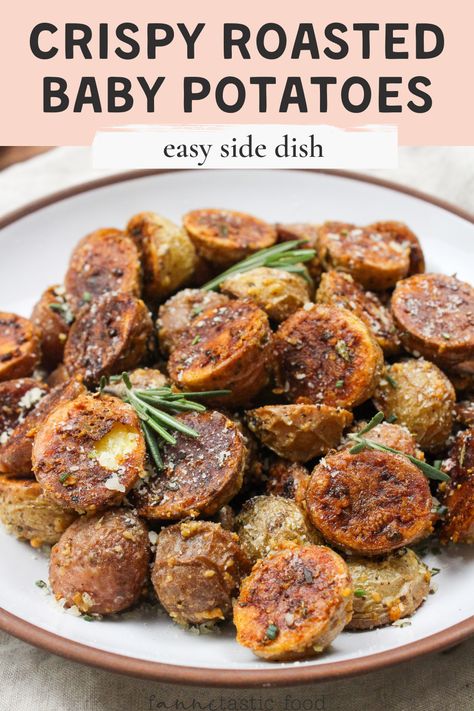 Roasted Crispy Potatoes, Mini Potato Recipe, Roasted Small Potatoes, Oven Roasted Baby Potatoes, Roasted Mini Potatoes, Roasted Side Dishes, Perfect Roast Potatoes, Garlic Parmesan Potatoes, Yummy Vegetable Recipes