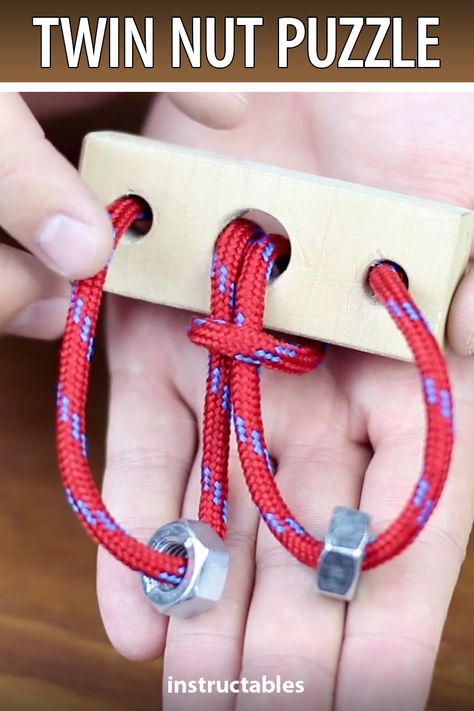 AtulV15 shares how to make a fun puzzle with a rope and twin nuts on a board. #Instructables #woodworking #workshop #puzzle #toy Wood Puzzle Game, Diy Wooden Games, Puzzle Games Brain Teasers, Wood Puzzles Diy, Wood Toys Diy, Puzzle Making, Wooden Toys Diy, Kids Puzzles, Logic Puzzle