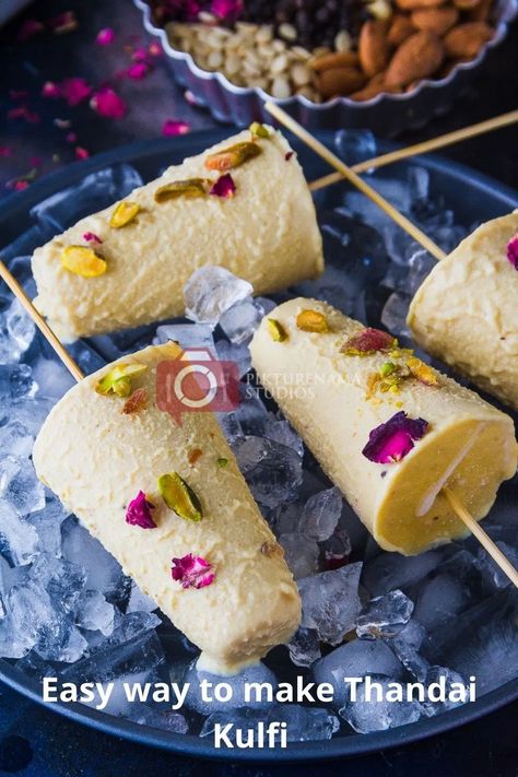 Thandai is a typical Holi drink or a cooler and this is a dessert made with tandai paste. Kulfi is an Indian version of ice cream and this kulfi is flavoured with thandai paste. Check this out. #Thandai #Koolfi #Kulfi #Indianrecipe #Indiandessert #Dessert Low Calorie Apple Crumble, Malai Kulfi Recipe, Malai Kulfi, Indian Ice Cream, Holi Recipes, Kulfi Recipe, Indian Desserts, Indian Sweets, Indian Cooking