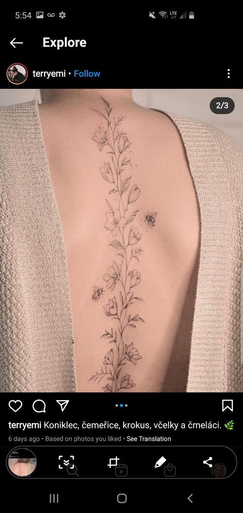 Nature Inspired Spine Tattoo, Violet Back Tattoo, Violet Flower Spine Tattoo, Dainty Floral Spine Tattoos For Women, Dainty Flower Back Tattoo, Foliage Spine Tattoo, Violet Spine Tattoo, Floral Spinal Tattoo Women, Flower Vine Spine Tattoo