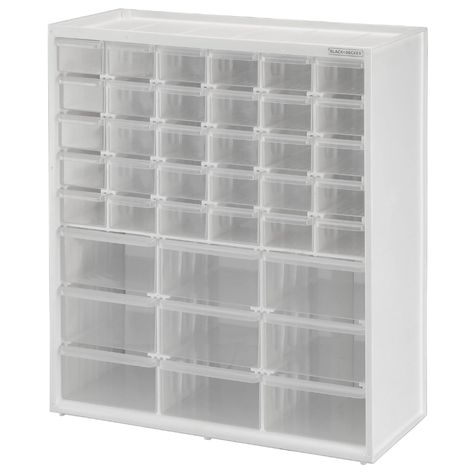 Find the best Plastic Organizers for your project. We offer the BLACK+DECKER Large & Small 39 Drawer Bin System (BDST40739FF), Clear, White for $31.00 with free shipping available. Radna Soba, Craftroom Ideas, Drawer Bins, Craft Storage Furniture, Lego Room, Multipurpose Room, Modular Storage, Stackable Storage, Organization Solutions