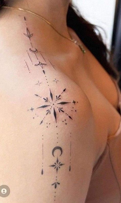 Neck Tattoos Women Minimalist, Shoulder Tattoos For Women Small Simple, Minimalist Shoulder Tattoos For Women, Feminine Shoulder Tattoos, Mandela Tattoo, Mystical Tattoos, Tasteful Tattoos, Tattoos Geometric, Spine Tattoos For Women