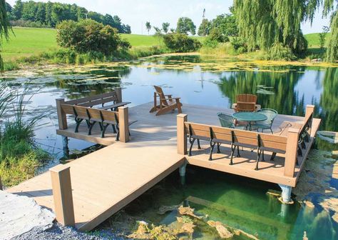 Pond Docks, Pond Dock, Tiki Pool, Lake Docks, Floating Decks, Dock Ideas, Lake Landscaping, Floating Docks, Boat Docks