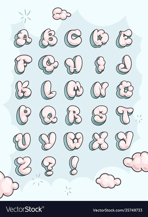 Cute Bubble Letters, Bubble Writing Font, Cute Fonts Alphabet, Cute Lettering, Graffiti Lettering Alphabet, Bubble Letter Fonts, Font Bubble, Lettering Styles Alphabet, Lettering Guide