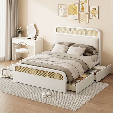 Wooden Queen-Size Platform Bed with Trundle and 2 Drawers - Bed Bath & Beyond - 41343958 Platform Bed With Trundle, Twin Trundle Bed, Rattan Headboard, Wooden Platform Bed, Queen Size Platform Bed, Bed With Trundle, Queen Platform Bed, Queen Size Bed Frames, Padded Headboard