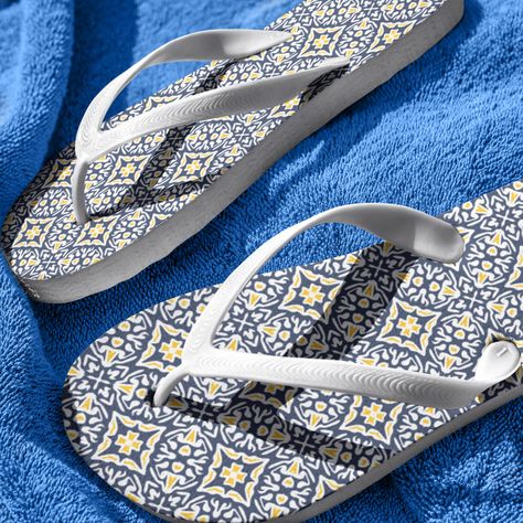 Mediterranean Pattern, Fun Sandals, Comfy Flip Flops, Cute Flip Flops, Pattern Flip Flops, Navy And Yellow, Chic Sandals, Shoes Cute, Stylish Sandals