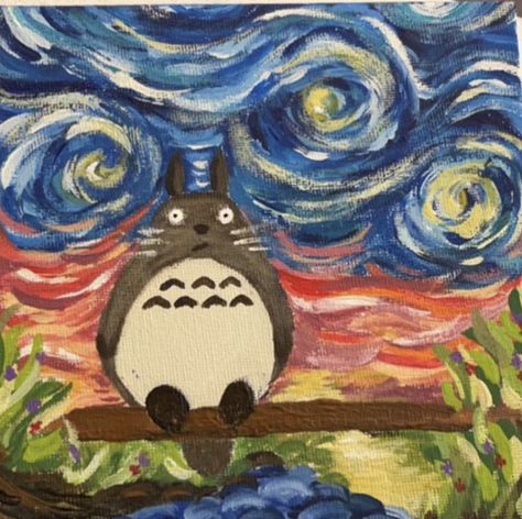 ⭐️ night & My Neighbor Totoro Van Gogh and anime mix…. Studio Ghibli Painting Acrylic Easy, My Neighbor Totoro Painting, Totoro Acrylic Painting, Totoro Glass Painting, Totoro Painting, My Neigbor Totoro Art, Pottery Painting Ideas Easy, Painted Vans, Neighbor Totoro