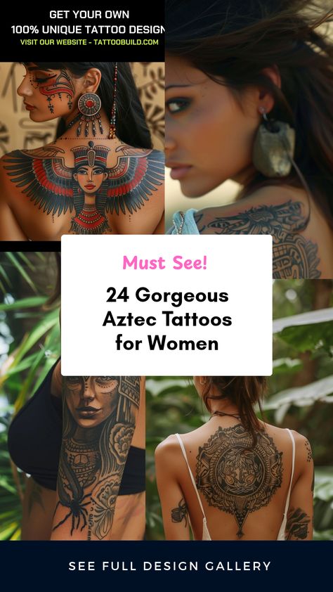 Gorgeous collection of 24 Aztec tattoos for women. Discover a variety of stunning tattoo designs including warrior and goddess themes, perfect for women looking to express their unique style. This pin features 4 captivating images to inspire your next tattoo choice. Aztec Female Tattoo, Mayan Goddess Tattoo, Egyptian Tattoo For Women Goddesses, Coatlicue Tattoo, Aztec Tattoos For Women, Mayan Warrior Tattoo, Aztec Gods Tattoo, Aztec Jaguar Tattoo, Small Aztec Tattoo