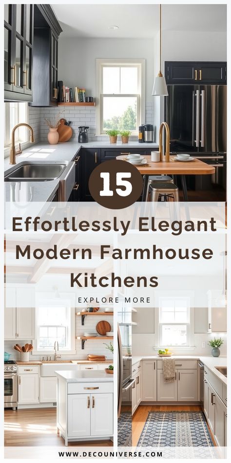 Transform your cooking space with these 15 modern farmhouse kitchens that offer a mix of elegance, comfort, and timeless appeal. Timeless Farmhouse Kitchen, Colonial Kitchen Ideas, Modern Farmhouse Kitchen Ideas, Beautiful Modern Farmhouse, Bungalow Kitchen, Colonial Kitchen, Cozy Breakfast Nook, Modern Farmhouse Kitchen, Farmhouse Kitchen Ideas