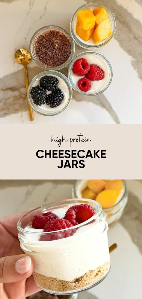 High Protein Cheesecake in a Jar is the perfect sweet treat to have in your fridge. The perfect healthy single serve dessert to have prepped in your fridge. These no bake cheesecake jars take just a few minutes to make, just blend the ingredients and assemble. No Bake Meal Prep, Meal Prep Dessert Ideas, High Protein Snacks No Fridge, Healthy High Protein Cheesecake, High Protein Quick Dessert, Healthy Single Serve Cheesecake, Healthy Dessert Meal Prep, Healthy Cheesecake In A Jar, Healthy Cheesecake Recipes No Bake