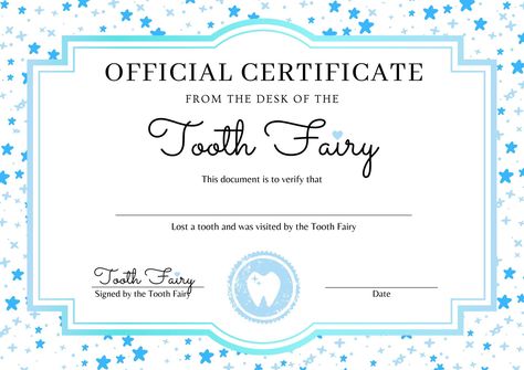 Has your child recently lost their tooth? Use this official certificate from the tooth fairy! This free printable will be sure to make your kids smile! First Lost Tooth Certificate, Lost First Tooth, Tooth Fairy Letter Template, Teeth Party, Free Printable Gift Certificates, Tooth Fairy Note, Tooth Fairy Receipt, Tooth Fairy Certificate, Kids Smile