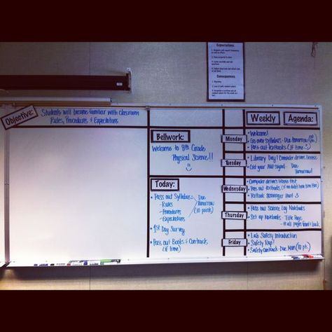 Classroom: My whiteboard organization! I used black electric tape to grid my white board. I printed signs for Monday-Friday, weekly agenda, bellwork, today and objective on my computer, glued it to black paper and laminated them! Then taped them up! This helps to keep me and my students organized! :): Classroom Whiteboard Organization, Morning Planner, Organized Schedule, Whiteboard Organization, Whiteboard Ideas, Classroom Whiteboard, Teaching Organization, Weekly Agenda, History Classroom