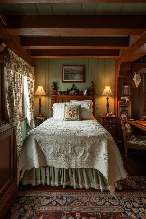 Sage Green Farmhouse Bedroom, Green Farmhouse Bedroom, Sage Green Farmhouse, Cottage Rooms, English Homes, Country Cottage Living, Green Farmhouse, Cottage Room, Cottage Aesthetic