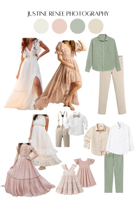 Best Outfits for Spring Family Photos Spring Family Pictures Outfits With Baby, Dusty Rose And Sage Green Family Photos, Spring Outfits For Photoshoot, Warm Easter Outfits For Women, Pink And Green Family Photo Outfits, Outdoor Spring Family Photos Outfit, Greenhouse Outfit, Family Pictures Spring, Family Photo Outfits Spring