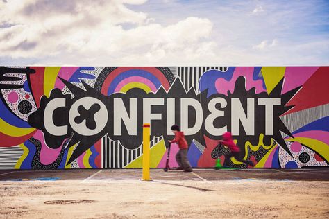 Mel Cerri | Muralist - Confident A Lettering, Illustration Lettering, Wall Street Art, School Murals, Colorful Murals, Urban Street Art, Graffiti Murals, Murals Street Art, Graffiti Wall Art