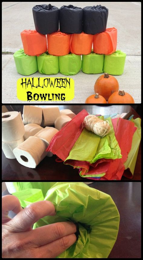 use tissue paper to cover toilet paper - maybe add some monster eyes, mouths, etc? Use a round ball turned into an eyeball to knock over tp Fall Festival Themes, Halloween Game Ideas, Halloween Bowling, Halloween Carnival Games, School Fall Festival, Fall Festival Games, Fall Harvest Party, Fall Carnival, Halloween Class Party