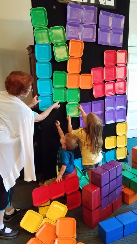 Velcro Tetris wall Tetris Classroom Theme, Tetris Birthday Party, Tetris Bulletin Board, Tetris Decorations, Arcade Themed Birthday Party, Tetris Party, Diy Tetris, Tetris Wall, Velcro Wall