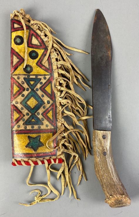 Native American Stag Handled Knife with Painted Leather Sheath Native American Knife, Native American Vintage, Vintage Knife, Painting Leather, Leather Sheath, Axes, American Vintage, Native American, Nativity