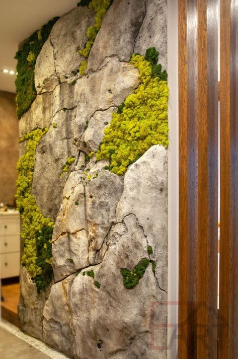 Green Wall Design, Wall Hanging Decorations, White Bedroom Design, Stone Wall Design, Plants Wall, Rock Textures, Studio Apartment Ideas, Moss Art, Moss Wall