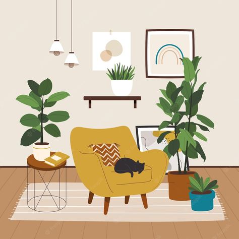 Living Room Illustration, Plants Illustration, Room Illustration, Interior Illustration, House Illustration, Gallery Walls, Mid Century Modern Decor, Scandinavian Decor, Plant Illustration