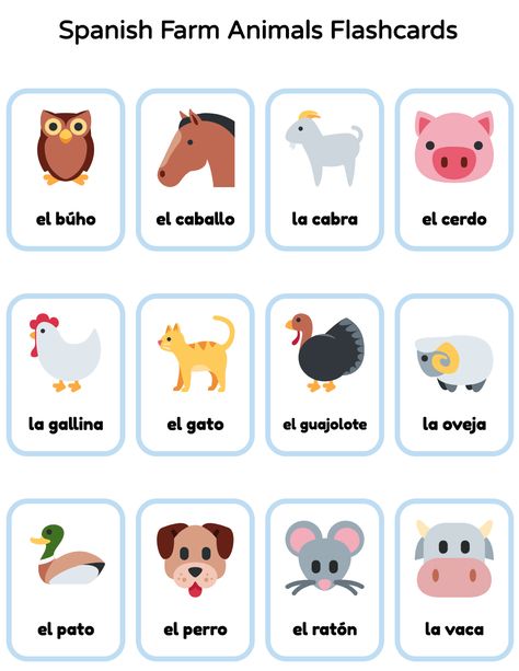 Free and printable Spanish animals Flashcards #teachspanish #learnspanish #studyspanish #español Spanish Flashcards Printable Free, Free Printable Farm Animals, Spanish Flash Cards, Animals In Spanish, Printable Farm Animals, Online Flashcards, Spanish Animals, Spanish Flashcards, Spanish Printables