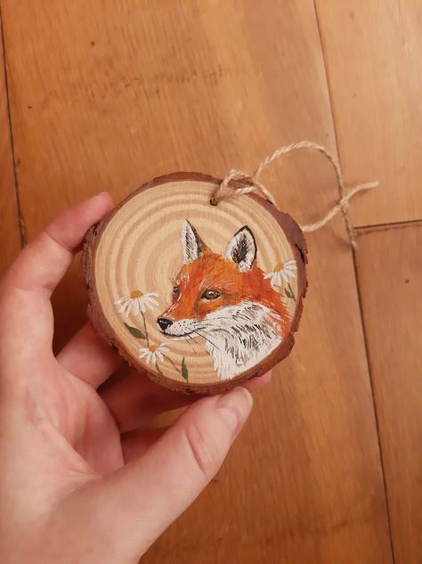 Painting On Wood Slices Ideas, Cottagecore Wall Decor, Painted Fox, Fox Painting, Painted Ornaments, Hand Painted Ornaments, Jan 11, Wood Slices, Wood Art