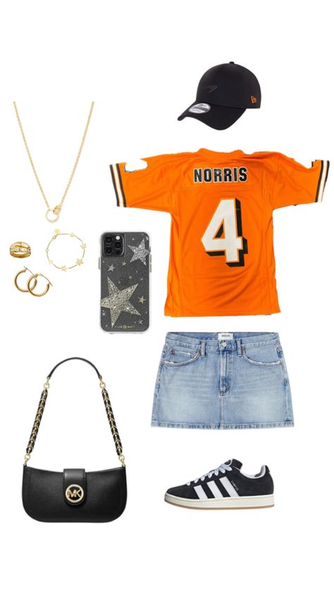 f1 formula one lando norris ln4 outfit inspo orange mclaren team  adidas campus gold  black fit inspo it girl basic casual aesthetic Outfit Inspo Orange, Mclaren Lando Norris, Orange Mclaren, Race Outfit, Campus Outfit, Race Day Outfits, Tiktok Outfits, Fits For Summer, Orange Outfit