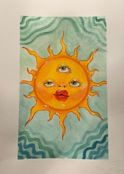 Aesthetic To Draw Easy, Sun Painting Aesthetic, Aesthetic Sun Painting, Indie Watercolor Art, Hippie Watercolor Painting, Sun Watercolor Painting, Funky Watercolor Art, Sun Painting Hippie, Watercolor Drawings Aesthetic